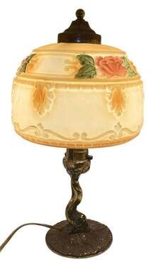 Vintage Cast Metal Boudoir Fish Base Table Lamp Embossed Milk Glass Floral Shade